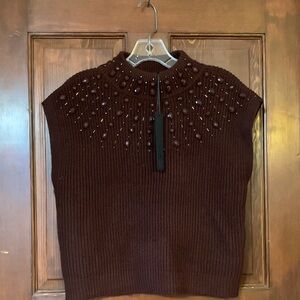 BNWT HOUSE OF HARLOW 1960 CHOCOLATE BROWN KNIT SLEEVELESS TOP BEADED DETAIL